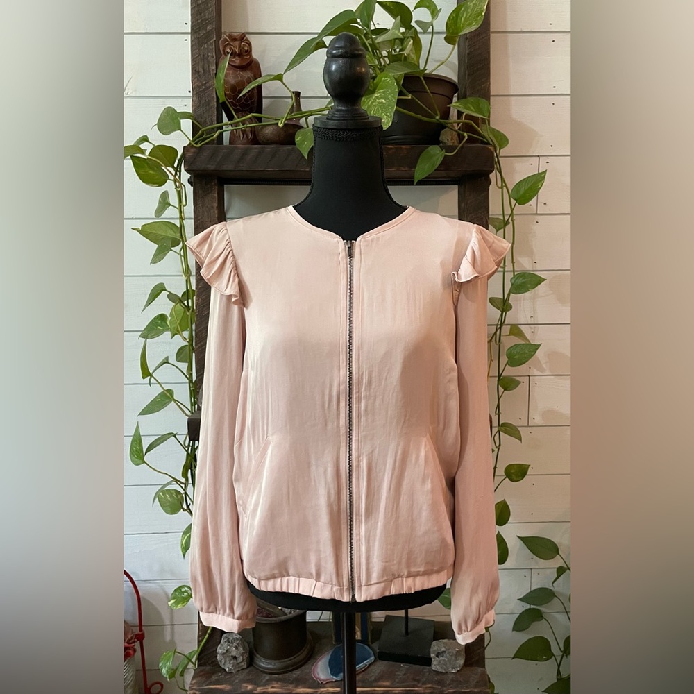 LC Lauren Conrad: Pinkish Cream Ruffle Trim Zip Up Jacket